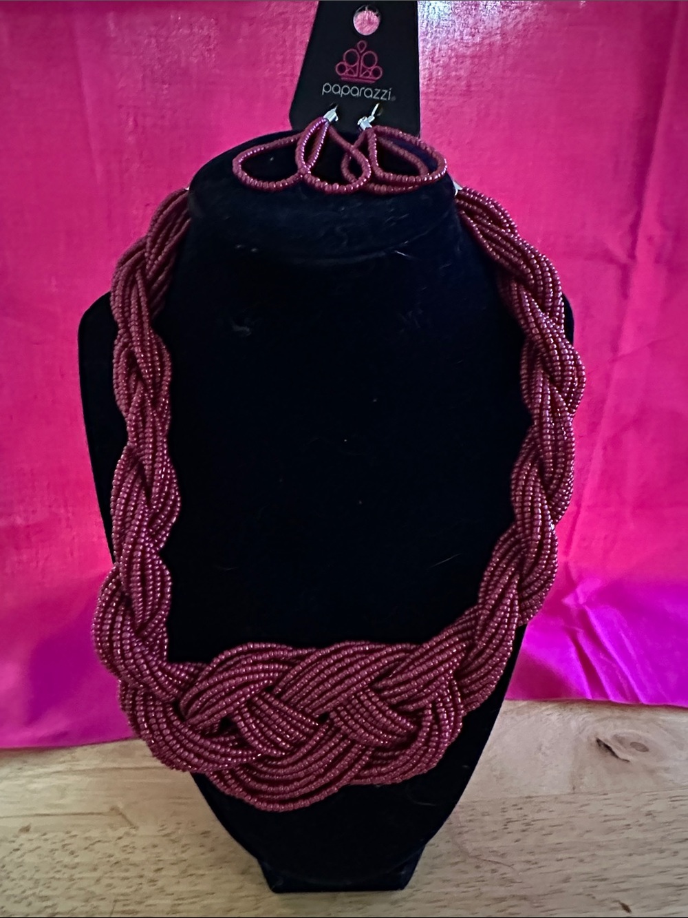 paparazzi Maroon Braided Beaded Statement Necklace and Hoop Earrings